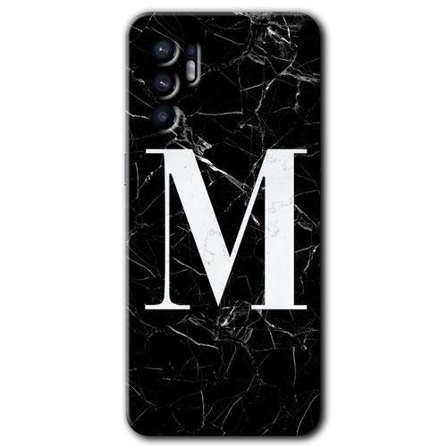 Oppo Reno 6 Kılıf HD Desen Baskılı Arka Kapak - Siyah Mermer Desenli M Harfi + Kırılmaz Cam