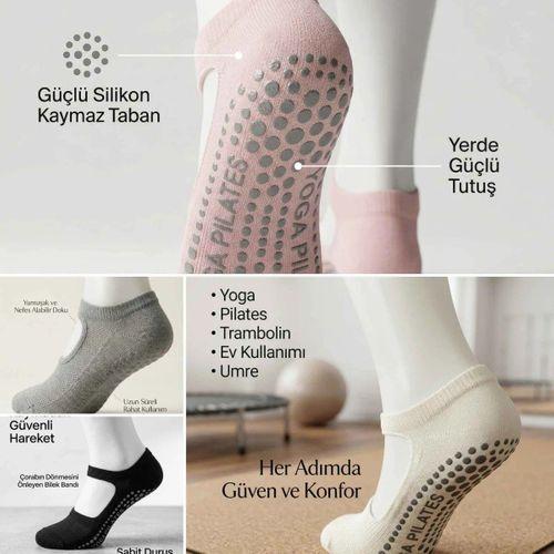 Kadın Kaymaz Yoga Pilates Çorabı 4'lü | Silikon Taban, Bilek Bantlı, Ev Spor Umre, 4 Renk
