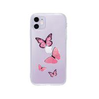 iPhone 11 Pembe Kelebekler Desenli Premium Şeffaf Silikon Kılıf