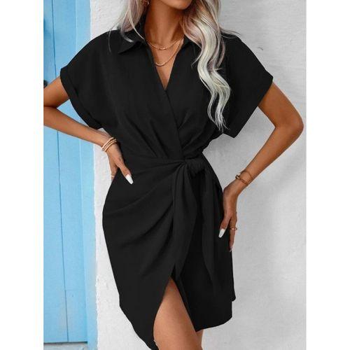 Kadın Kısa Kollu Yakalı Yandan Bağlamalı Dokuma Elbise