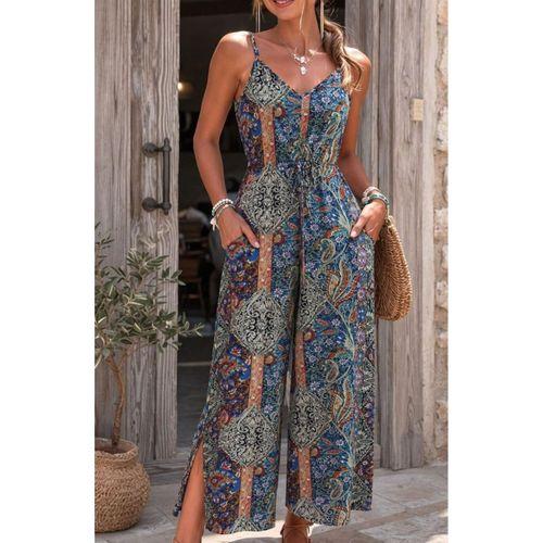 Kadın Ip Askılı V Yakalı Cep Detaylı Desenli Uzun Süprem Tulum