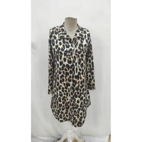 Kadın Uzun Kollu Yakalı önden Düğmeli Leopar Desenli Modal Midi Elbise