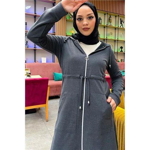 Kapşonlu Belden Bağlamalı Fermuarlı Sade Basic Uzun Tunik ve Pantolon İkili Spor Takım - 03065.017 - Antrasit