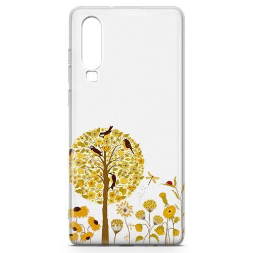 Huawei P30 Kılıf Sarı Ağaç Ve Kuşlar Arka Kapak Koruma Desenli Full Koruyucu