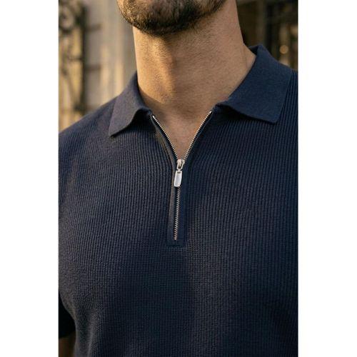 Jeff Selanik Örgü Polo Yaka Yarım Fermuarlı İnce Triko Erkek T-Shirt - Lacivert