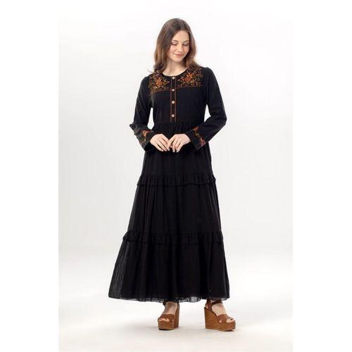 Uzun Kol Zeynep Bisiklet Yaka Nakışlı Uzun Vual Elbise Siyah Syh