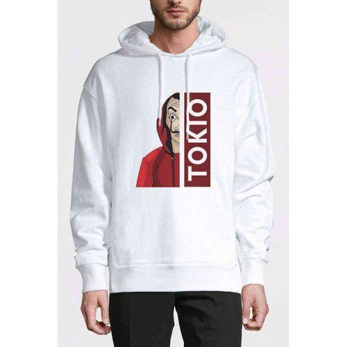 La Case De Papel Tokyo Tokio Baskılı Beyaz Erkek Kapşonlu Sweatshirt