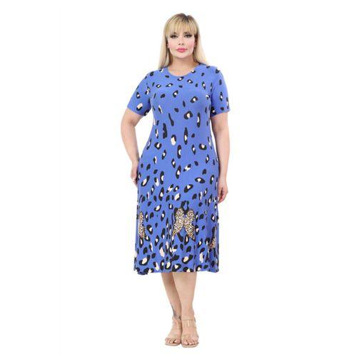 Melsay Butik Mavi Kısa Kollu A Kesim Eteği Sulu Leopar Desen Midi Elbise
