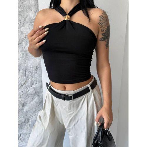 Kadın Toka Detay Halter Yaka Sandy Bluz