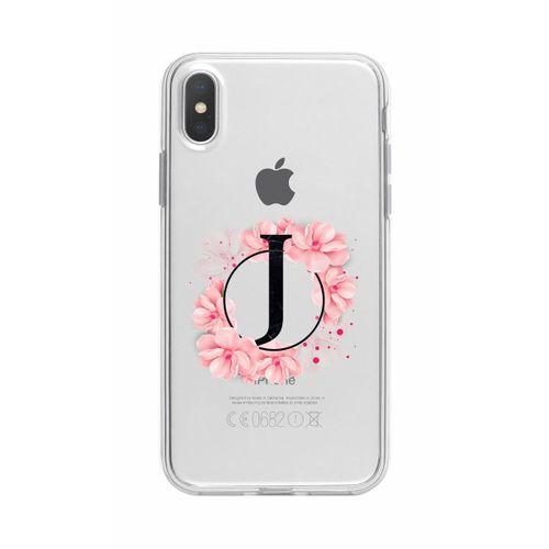 iPhone X Pembe Çiçek Desen J Harfli Şeffaf Kılıf