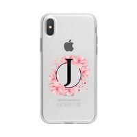 iPhone X Pembe Çiçek Desen J Harfli Şeffaf Kılıf