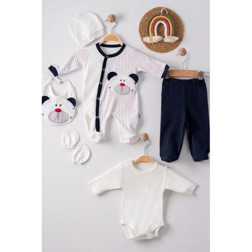 Puanlı Ayıcık Nakışlı Tulumlu % 100 Pamuk Erkek Bebek 5'li Set