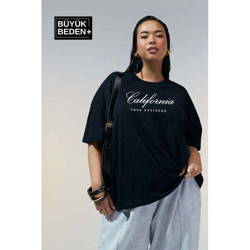Süperlife Kadın Büyük Beden El Yazılı California Baskılı 3xl-6xl Bisiklet Yaka Tshırt SPR25BTSK510-7