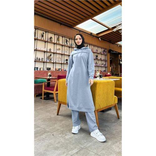 Uzun Tunik Kapşonlu Kenardan Yırtmaçlı İkili Spor Takım - 03034.006 - İndigo