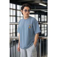 Cep Baskılı İki İplik Kumaş Pamuklu Oversize Erkek T-Shirt - Soğuk Mavi
