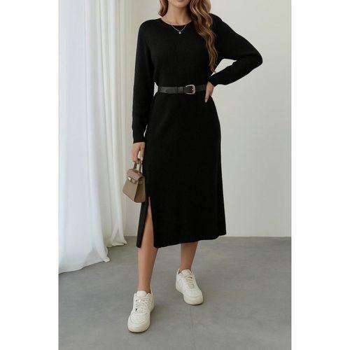 Kadın Uzun Kollu Bisiklet Yaka Yandan Yırtmaçlı Midi Triko Elbise