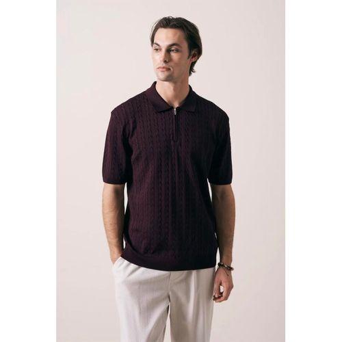Burke Saç Örgü Yarım Fermuarlı Kısa Kollu İnce Triko Erkek T-Shirt - Bordo