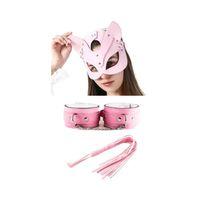 Fantezi Deri Seksi Pembe Kedi Maske Kelepçe Kırbaç Seti ( 3’lü set)