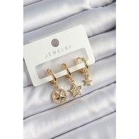 Pirinç Zirkon Taşlı Yıldız Model Gold Renk 3'lü Çift Kadın Küpe Set