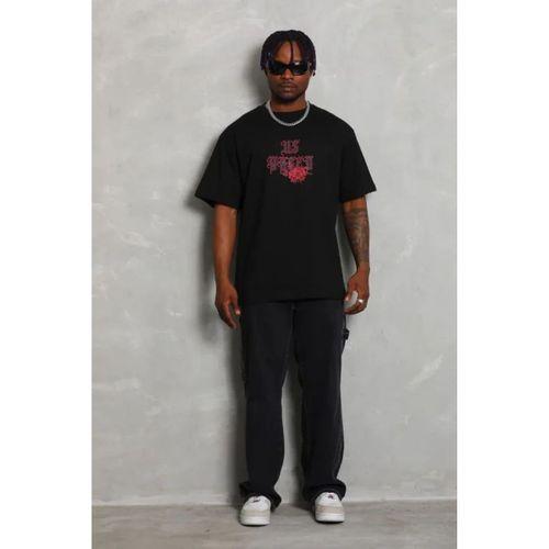 Erkek Baskılı Tişort Kısa Kol Bisiklet Yaka Ovarsize T-Shirt - Siyah