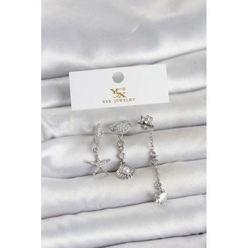 Pirinç Gümüş Renk Zirkon Taşlı Deniz Temalı 3'lü Kadın Küpe