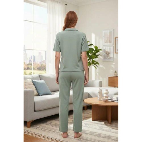 Özel Tasarım Kadın Yeşil Polo Yaka Pijama Takımı %100 Pamuk