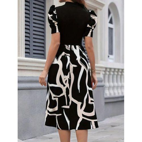 Kadın Kısa Kollu Yarı Balıkçı Yaka üst Viskon Alt Desenli Dokuma Midi Elbise