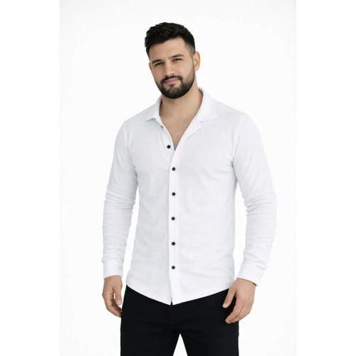 Erkek Waffle Kumaş Uzun Kollu Düğmeli Açık Yaka Regular Fit Gömlek - Beyaz