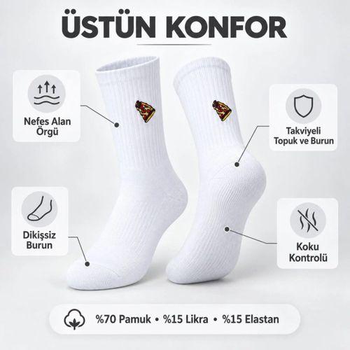 Unisex Çorap Beyaz Nakışlı 3'lü Set Pizza Hotdog Hamburger Desenli Uzun Soket Günlük Spor Çorap Seti