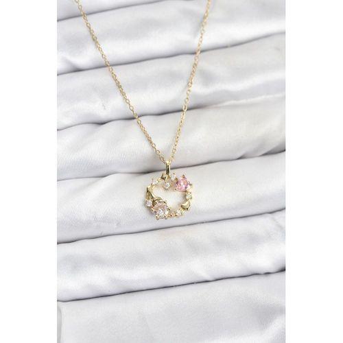 316L Çelik Zincir Gold Renk Pembe Taş Detaylı Çelenk Model Kadın Kolye