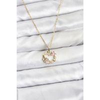 316L Çelik Zincir Gold Renk Pembe Taş Detaylı Çelenk Model Kadın Kolye