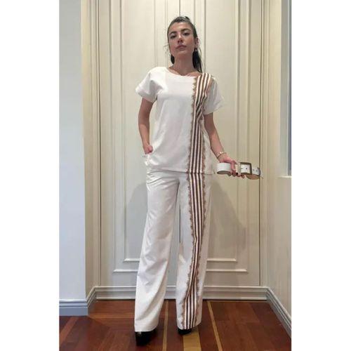 Trend Kadın Krem Keten Dokulu Bol Paça Pantolon ve Kısa Kollu Bluz Takımı