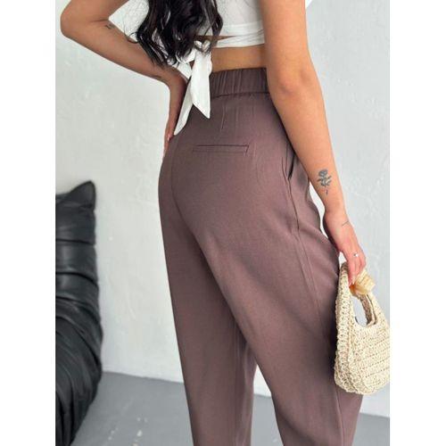 Yüksel Bel Rahat Paça Pantalon - Kahverengi