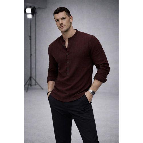 Hafif ve Nefes Alabilir Erkek Müslin Yarım Pat Hakim Yaka Oversize Gömlek - Kahve