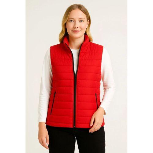 Şişme Fermuarlı Yelek Su Itici Kapitone Astarlı Kumaş Cepli Hafif Kışlık Spor Rahat Kalıp - Kırmızı