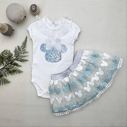 1-2-3 Yaş Payetli Mickey Nakışlı Kısa Kollu Brode Etekli 2li Kız Bebek Takımı Turkuaz