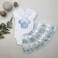 1-2-3 Yaş Payetli Mickey Nakışlı Kısa Kollu Brode Etekli 2li Kız Bebek Takımı Turkuaz