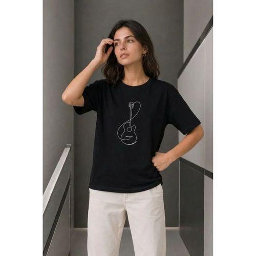 Minimal Gitar Baskılı Tişört T-Shirt Yazlık Kısa Kol Bisiklet Yaka T-Shirt - Siyah