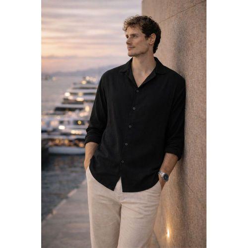 Apaş Yaka Oversize Müslin Kumaş Gömlek - Siyah