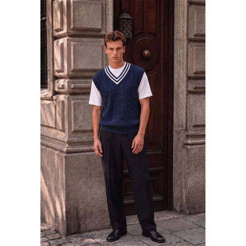 Oxford Relaxed Fit Şerit Yakalı Saç Örgülü V Yaka Erkek Triko Süveter - İndigo