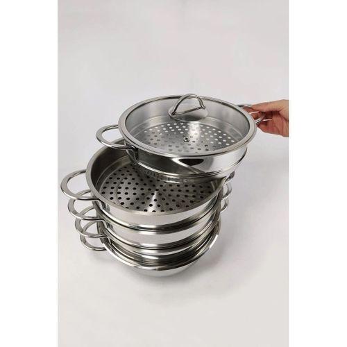 Oms 6090-C Mantı ve Haşlama Tenceresi 6 Parça Paslanmaz Çelik Cam Kapaklı 32x10 Cm