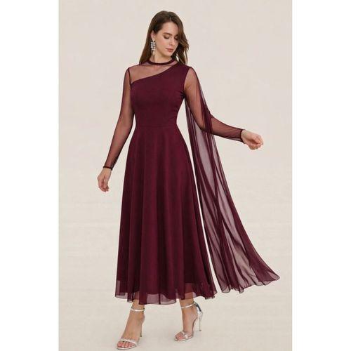 Kadın Uzun Kollu Yarı Balıkçı Yaka Tül Detaylı Uzun Sandy Elbise