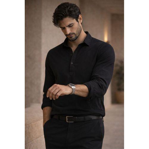 Yarım Pat Yakalı York Pamuk Kumaşlı Uzun Kollu Erkek Gömlek - Siyah