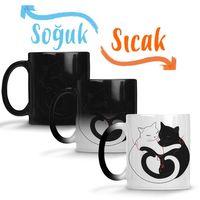 Aşk Kediler Blazing Cat Love Sihirli Kupa Bardak Porselen