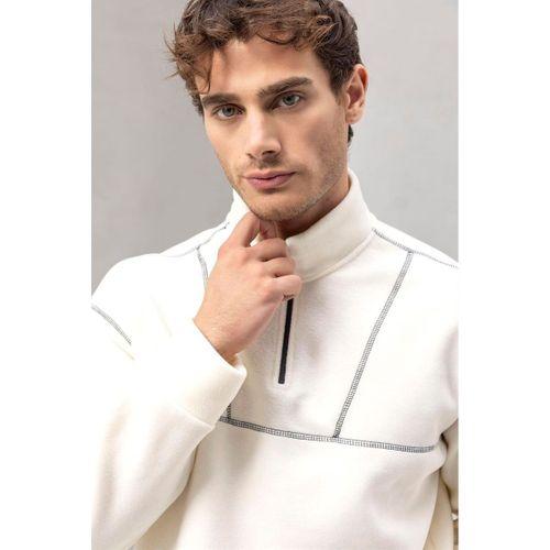 Crowe Çizgi Şeritli Oversize Yarım Fermuar Polar Erkek Sweatshirt - Ekru