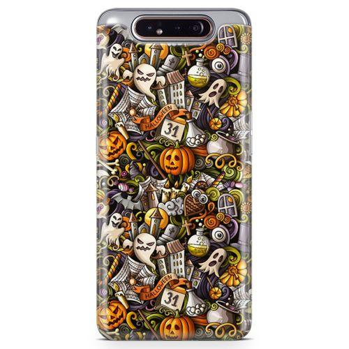 Samsung Galaxy A80 Kılıf Cadılar Bayramı Doodle Arka Kapak Koruma Desenli Full Koruyucu