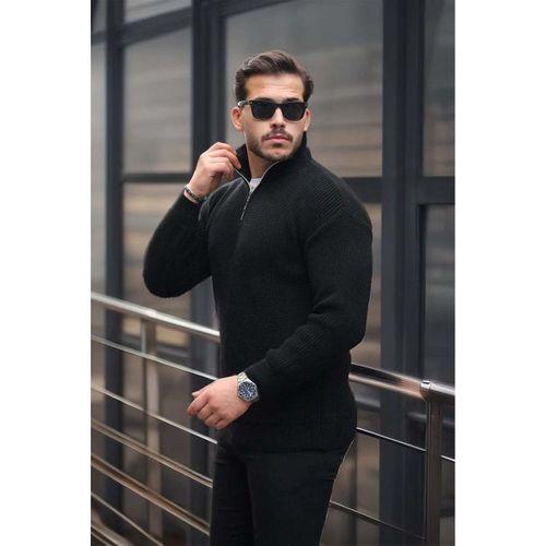 Oversize Selanik Örgü Yarım Fermuar Erkek Triko Kazak - Siyah