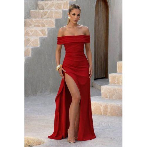 Kadın Madonna Yaka Pileli Derin Yırtmaçlı Uzun Ithal Krep Elbise