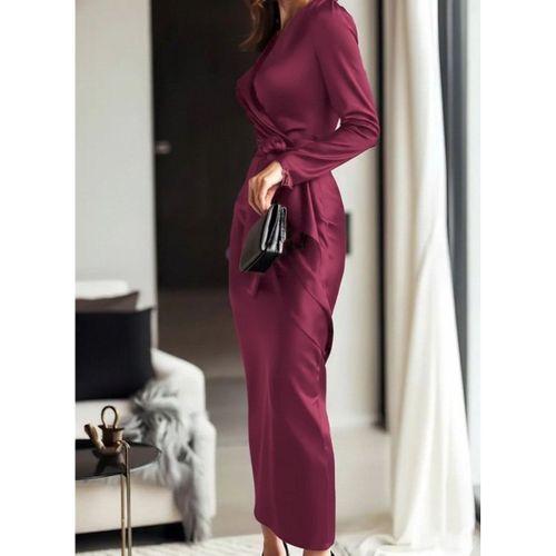 Kadın Uzun Kollu Kruvaze Yakalı Beli Kuşaklı Uzun Saten Elbise