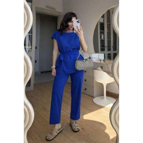 Kadın Omuz Detay Kuşak Dahil Bluz Ve Pantolon Keten Kumaş Ikili Takım